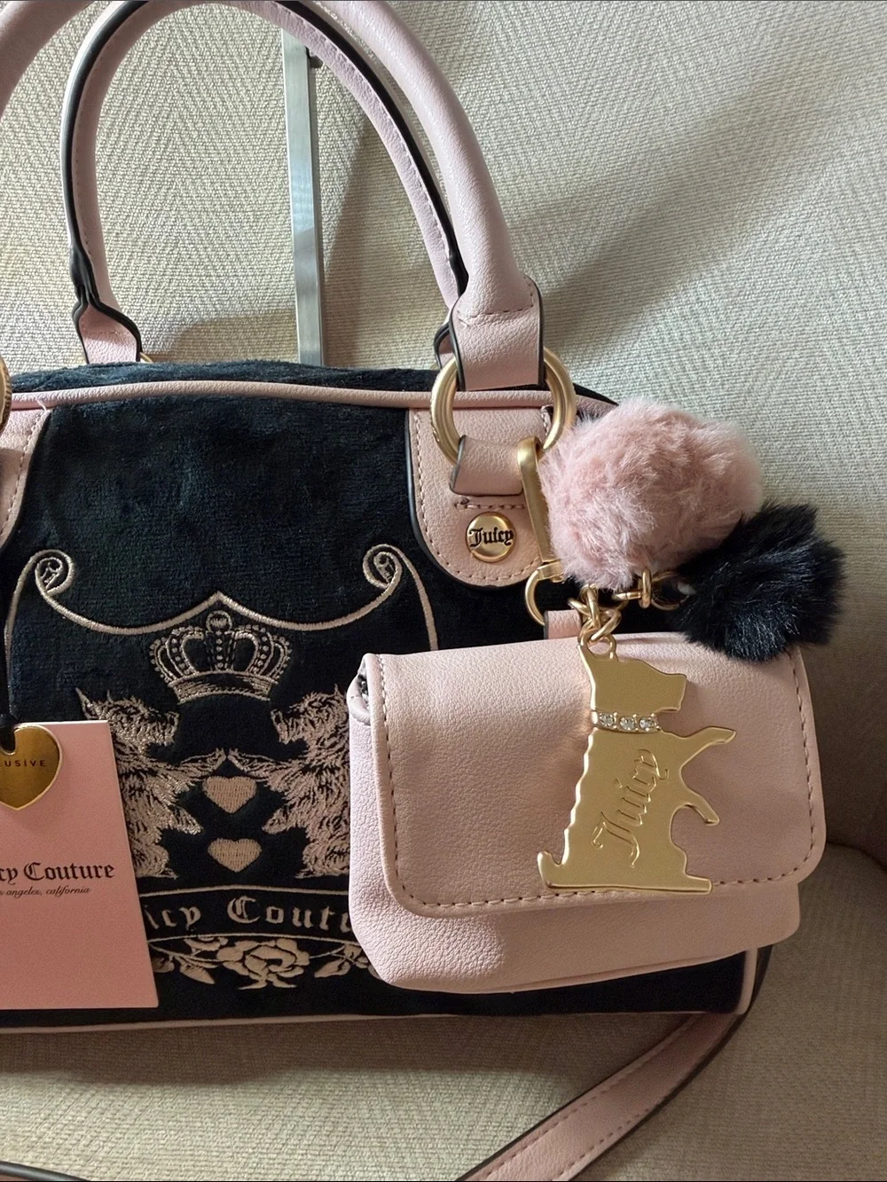 Juicy Couture Pink and Black Velvet Satchel with Detachable Pouch